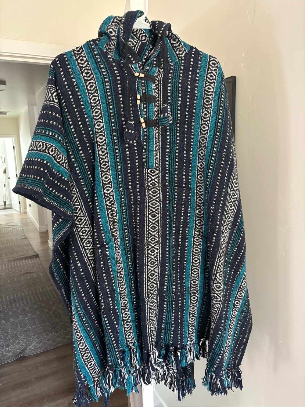 Hooded Baja Poncho - Teal & Navy Striped